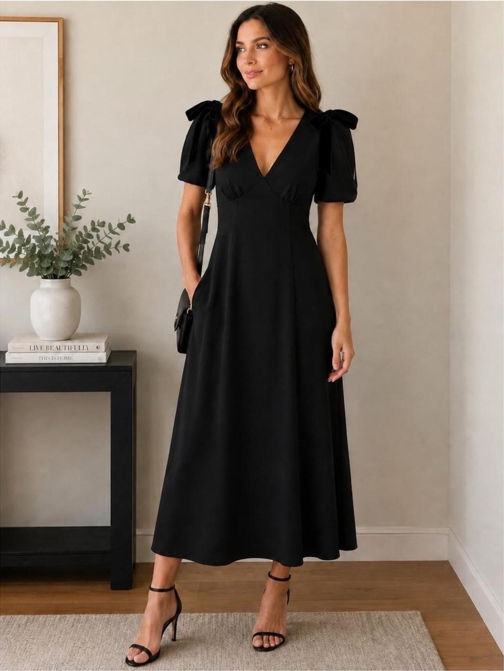 NWT ASTR The Label Black Velvet Bow Midi Dress Puff Sleeve V-Neck